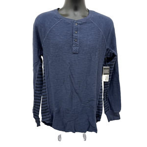 NWT Men’s Sz M MILLS SUPPLY 3 Button Henley Shirt. Mood Indigo. Striped Sides.